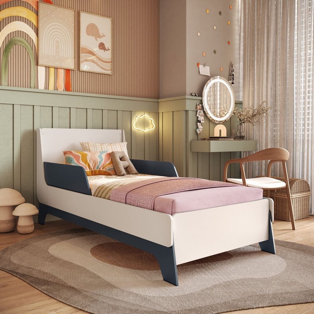 Cama de Solteiro Infantil 100% Mdf Premium com Laterais de Proteção e Design Curvo Lindy Branco/ Azul