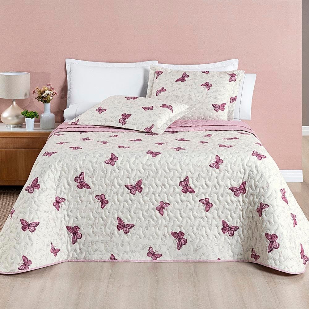 Kit Cobre Leito Colcha Celi King Dupla Face Micropercal 200 Fios 3 Peças Borboletas Rosê