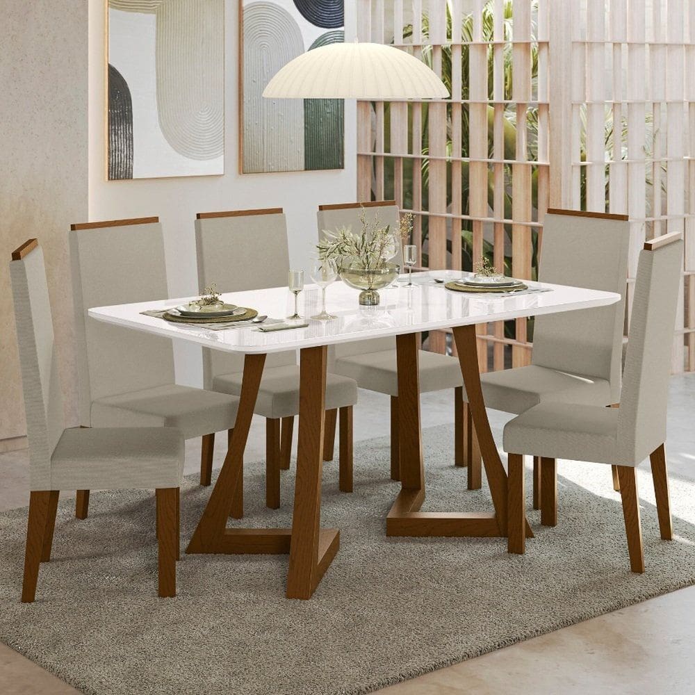 Sala Jantar Ana 160cm Vidro 6 Cadeiras Linho Livia Âmbar/Off White