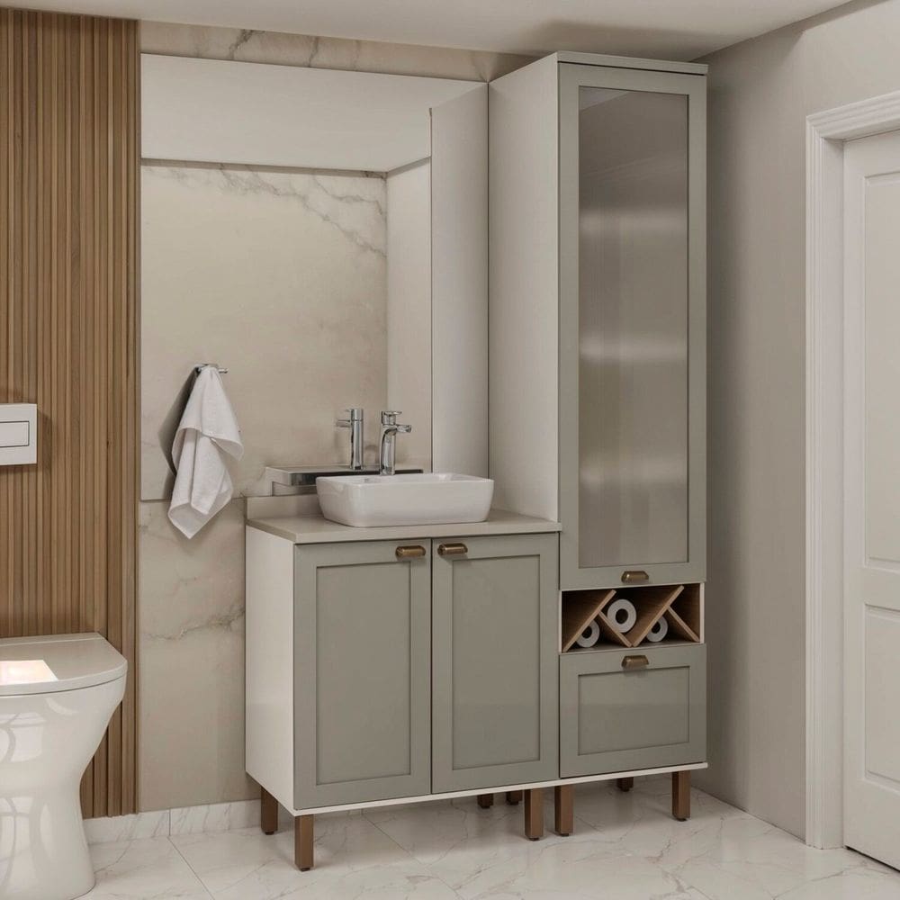 Conjunto de Banheiro Modulado 100% Mdf Americano 2 Peças com Armário de Vidro Iluminata Branco/Cinza/Cinza