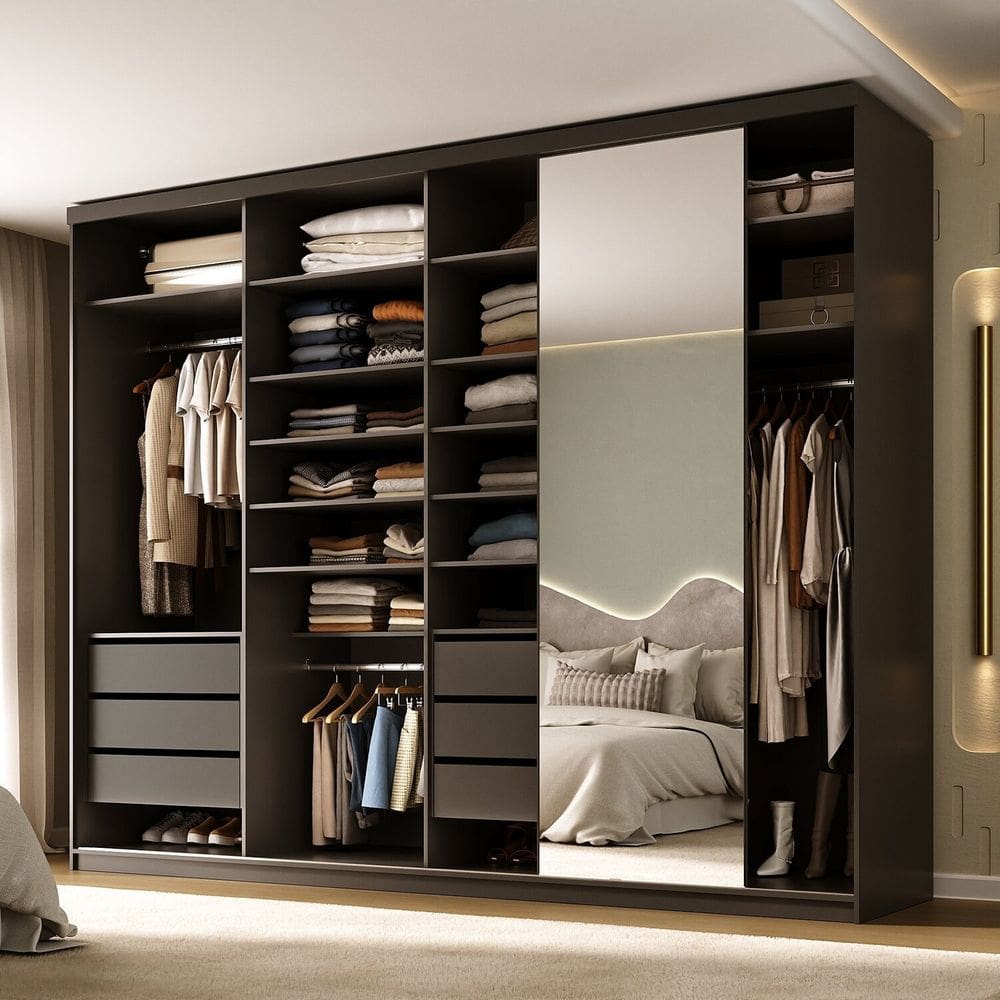 Guarda-roupa Closet Casal 100% Mdf Bp 277,7cm com 1 Porta Espelho 6 Gavetas Sion Preto