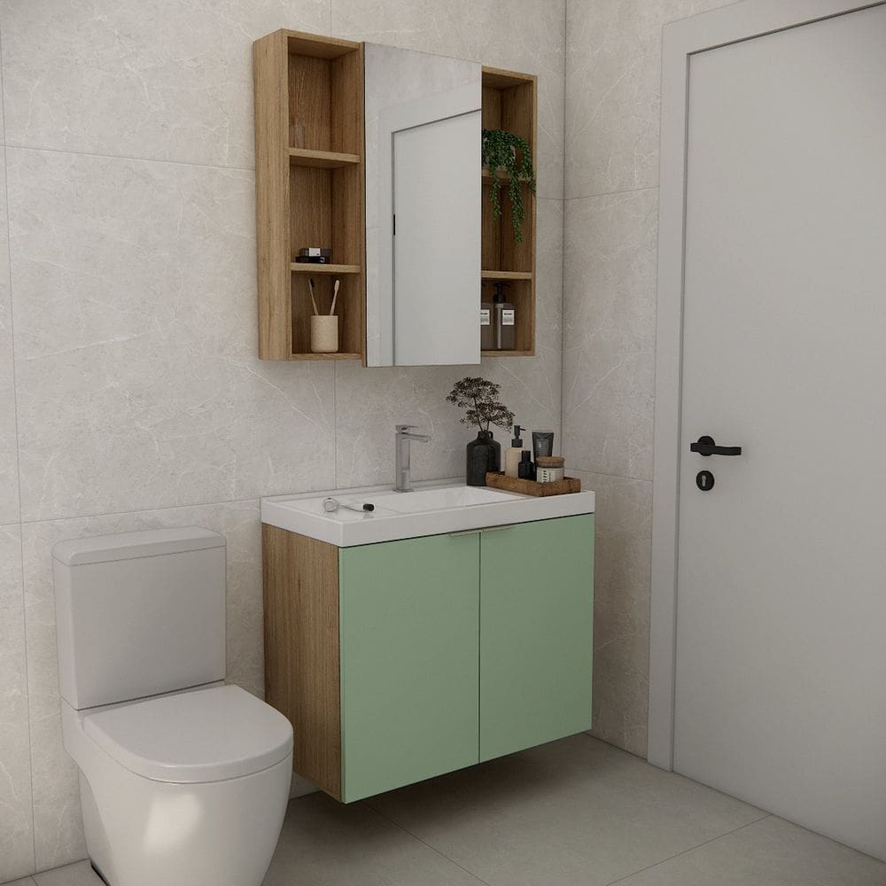 Conjunto de Banheiro com Cuba 80cm Vittare Carvalho/ Verde