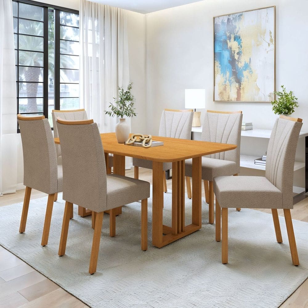 Conjunto Sala de Jantar Mesa Bold 170cm Tampo sem Vidro e 6 Cadeiras Pés Madeira Maciça Jade Amêndoa Clean/Naturale/Creme