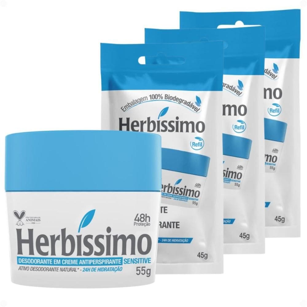 Kit Herbíssimo Desodorante Creme Antitranspirante Sensitive 55g + 3 Refis 45g