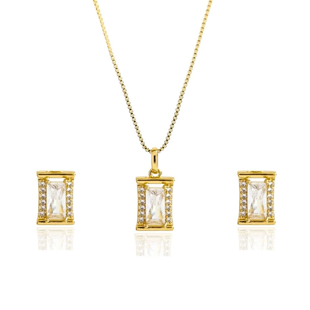 Conjunto Retângulo Cristal Banhado a Ouro