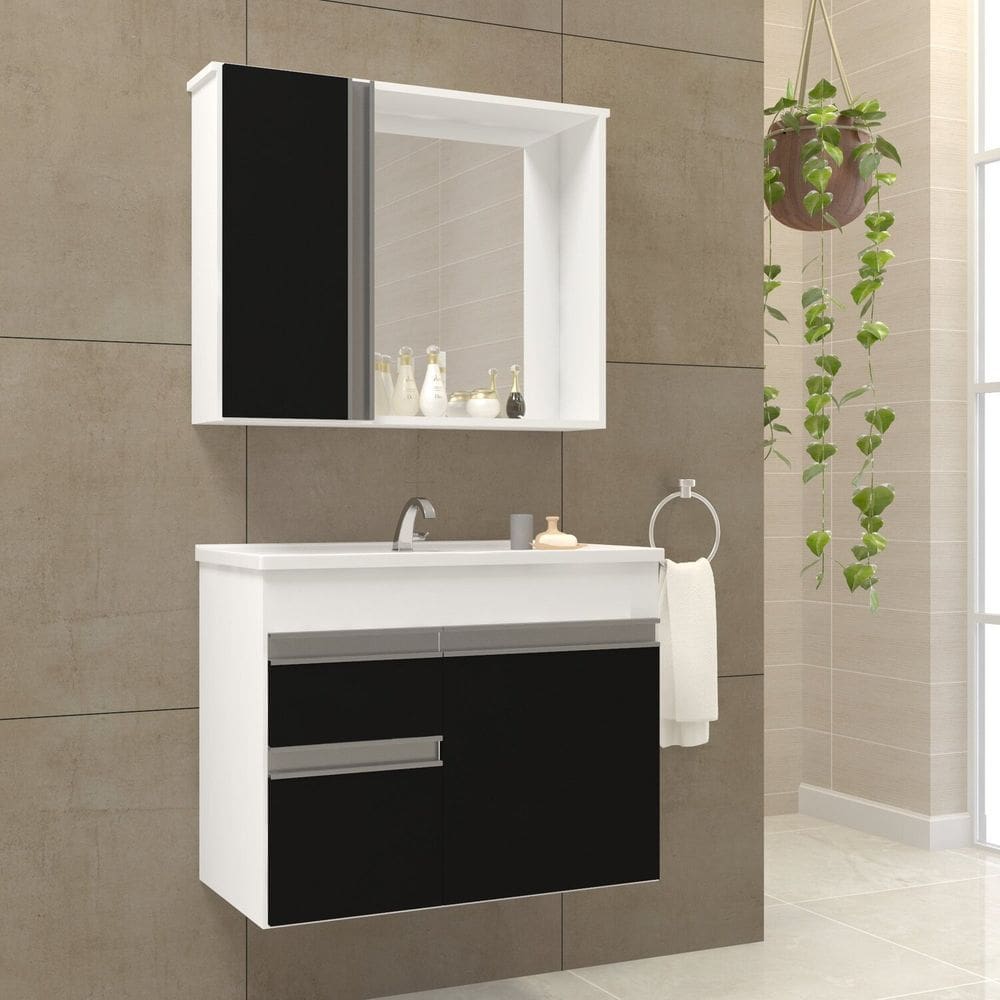Gabinete e Espelheira para Banheiro Napoli Branco/Preto