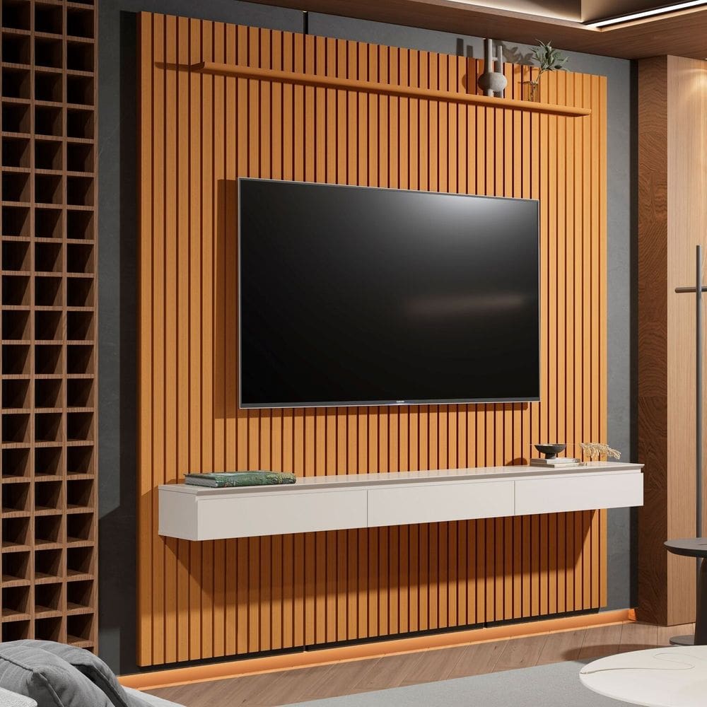 Home Suspenso Ripado para Tv 75 Polegadas 3 Gavetas Colorado 2.30 Cedro/Off White