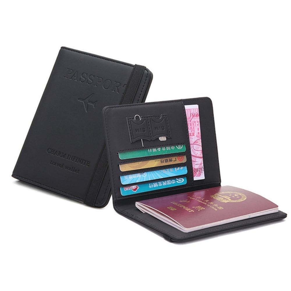 Estojo porta-passaportes em couro preto com bloqueio de RFID