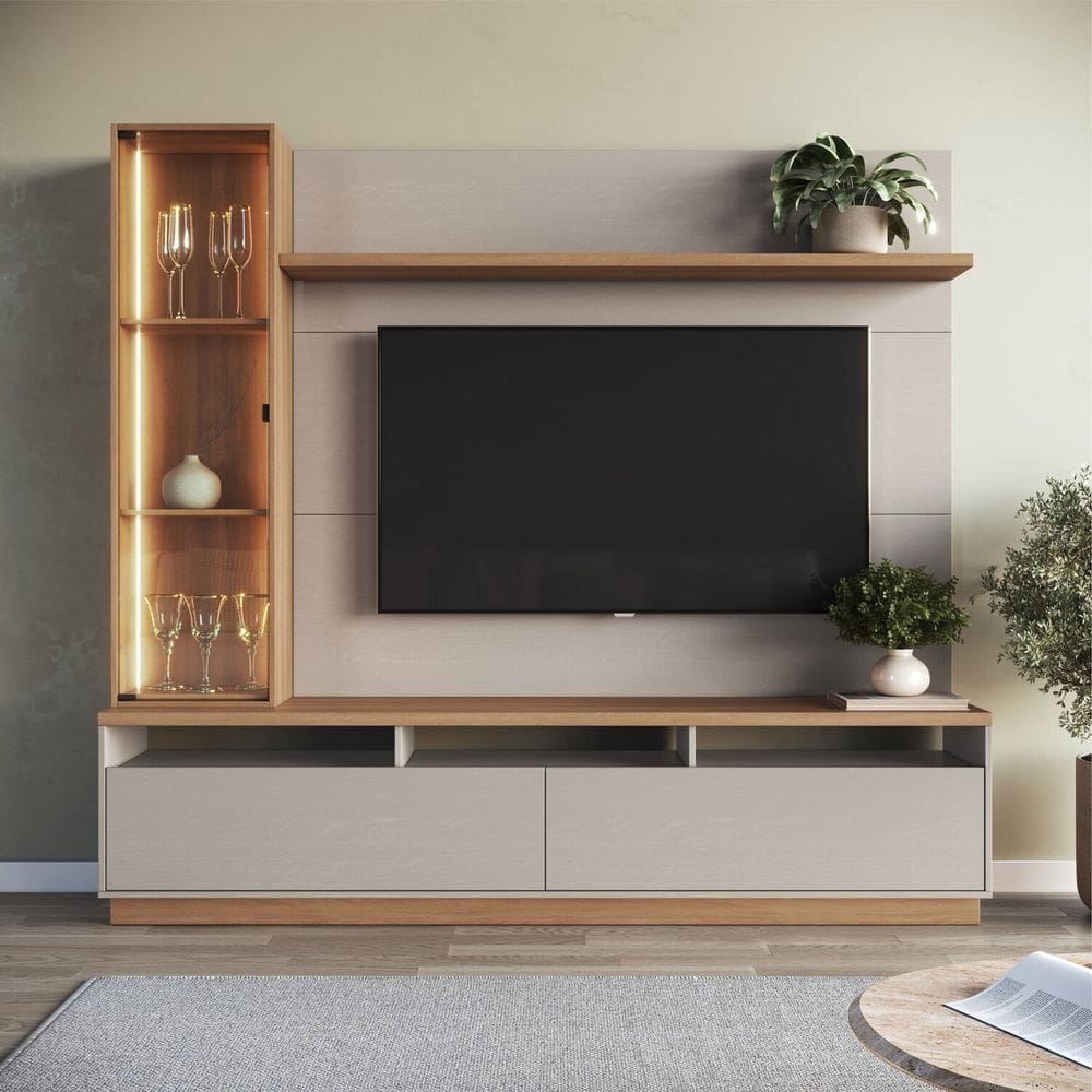 Estante Home para Tv 65 Polegadas com Led 3200 Cristaleira 200x183cm Fumê/Freijó