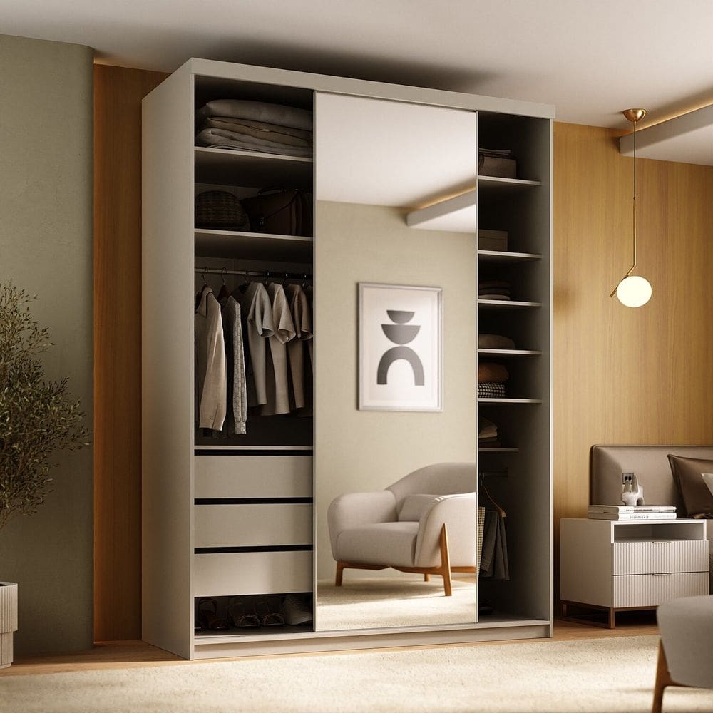 Guarda-roupa Closet Solteiro 100% Mdf 139cm com 1 Porta Espelho 3 Gavetas Sion Panna