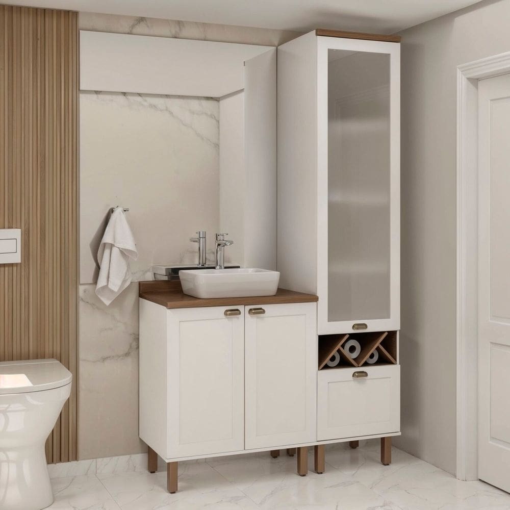 Conjunto de Banheiro Modulado 100% Mdf Americano 2 Peças com Armário de Vidro Iluminata Branco/Ébano Fosco