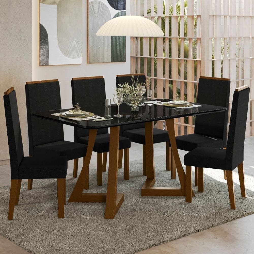 Sala Jantar Ana 160cm Vidro 6 Cadeiras Veludo Livia Ambar/Preto