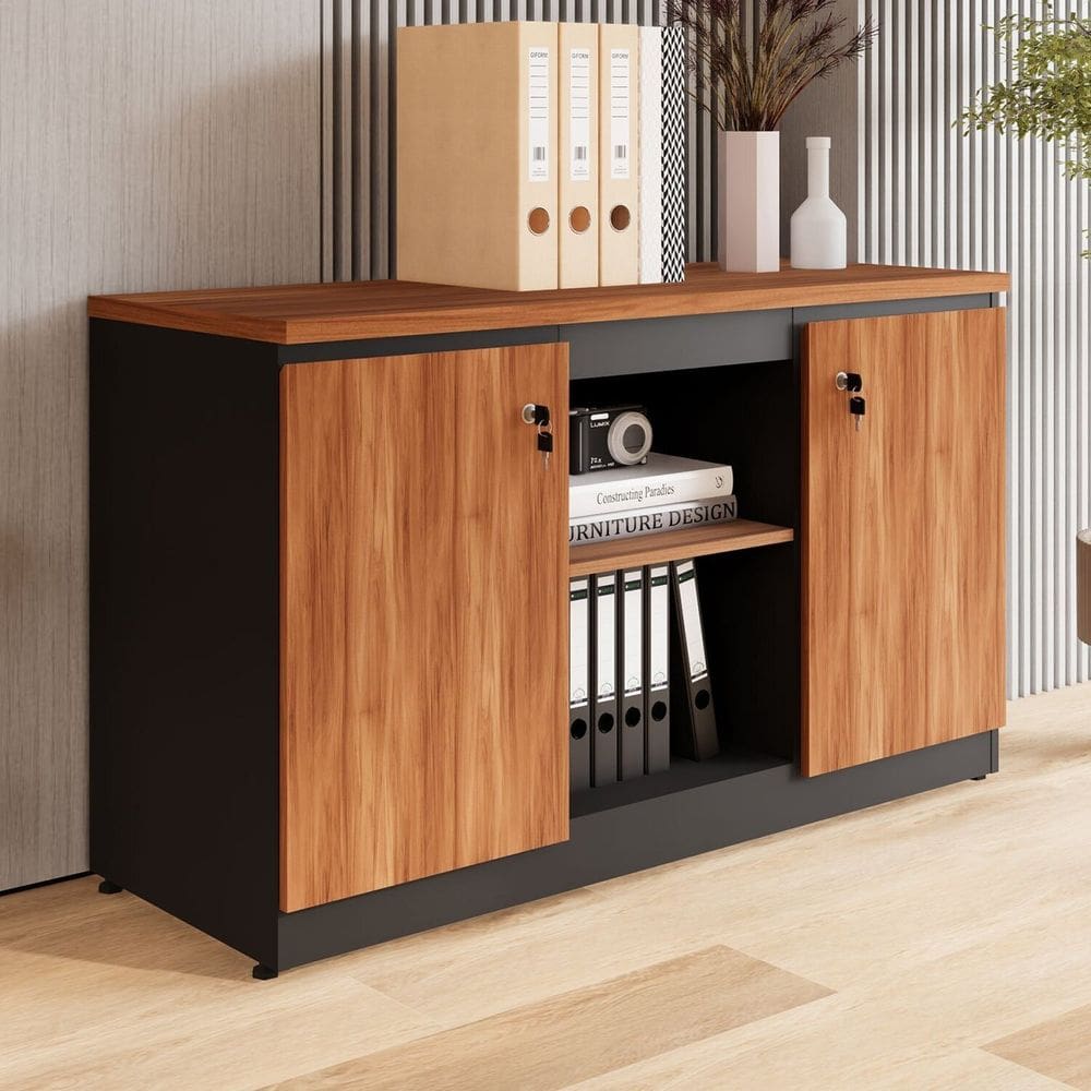 Armário para Escritório 120cm 2 Portas com Chaves e Nichos Corporate Nogal /Preto