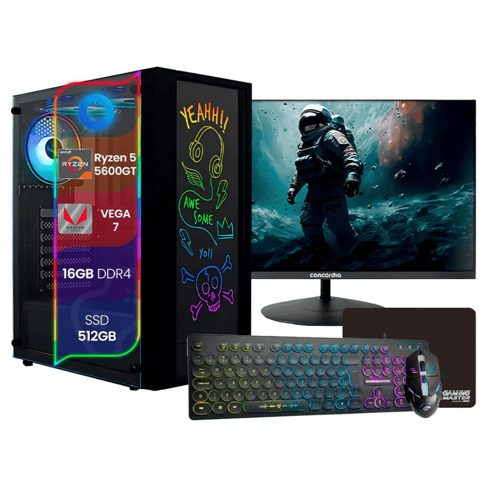PC Gamer Concórdia Ryzen 5 5600GT Memória 16GB SSD 512gb Fonte 600w Windows 11 Pro Monitor Gamer 23,8”+ Combo Gamer