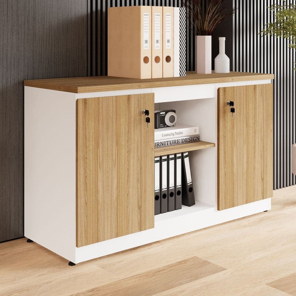 Armário para Escritório 120cm 2 Portas com Chaves e Nichos Corporate Macadâmia/Branco