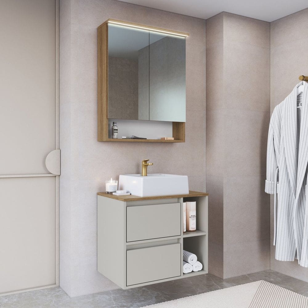 Conjunto para Banheiro Gabinete Suspenso 60cm com Cuba Espelheira com Led Cj8005.40 Mel/Arenas