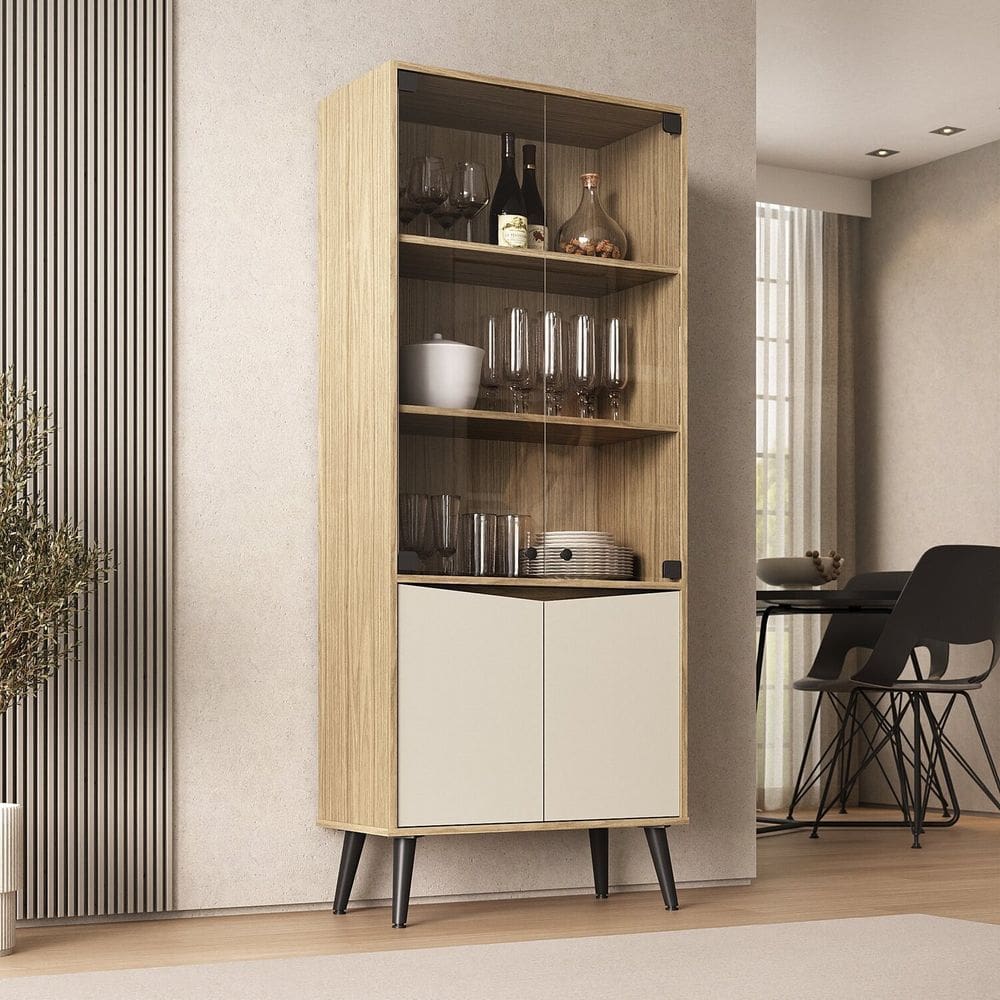 Cristaleira Vitrô 70cm 2 Portas de Vidro Amendoa / off white