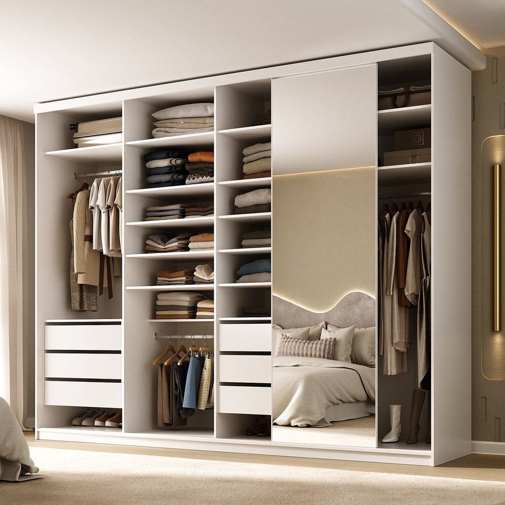 Guarda-roupa Closet Casal 100% Mdf Bp 277,7cm com 1 Porta Espelho 6 Gavetas Sion Branco