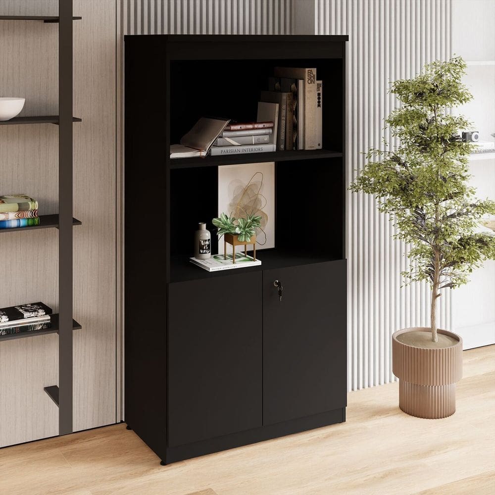 Estante Armário 160cm para Escritório com 2 Portas Puxadores Cava Corporate F5 Preto