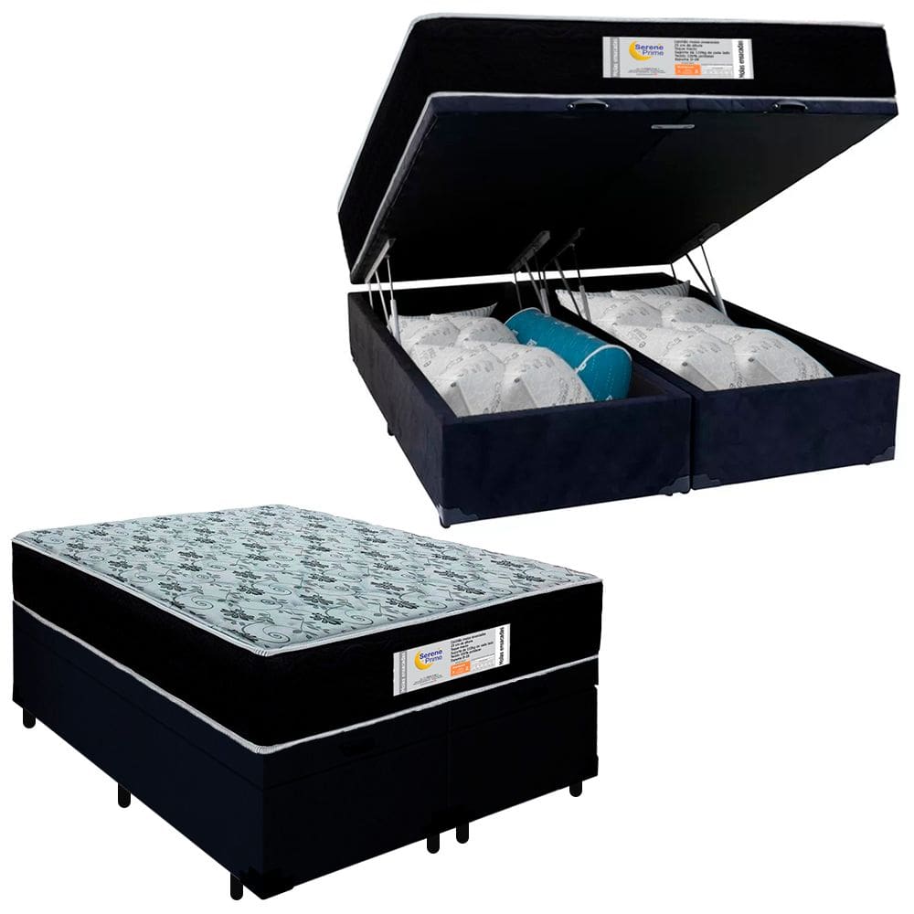 Cama Box Baú Casal Bipartido Suede + Colchão Molas Ensacadas SerenePrime Sonnolux 138x188x69