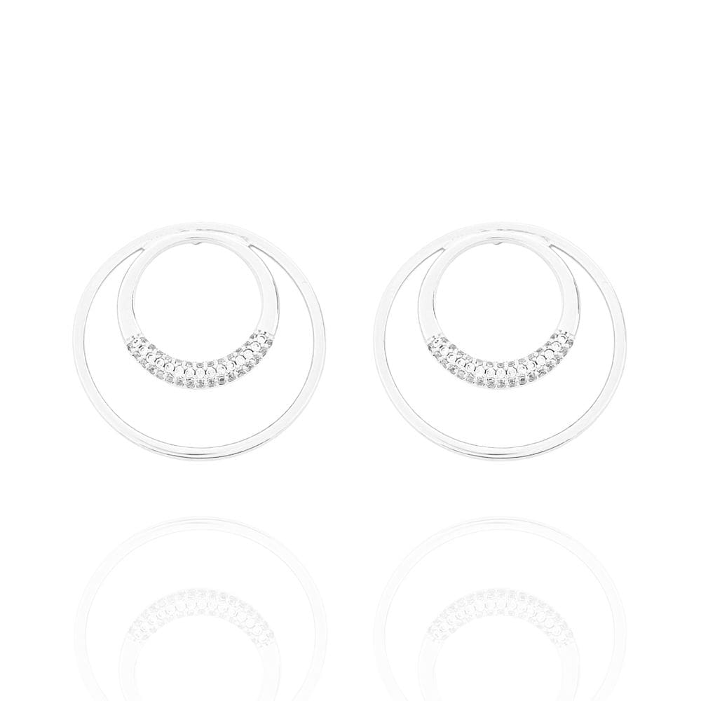 Brinco Dois Circulos com Zircônias Cristais Banhado a Prata