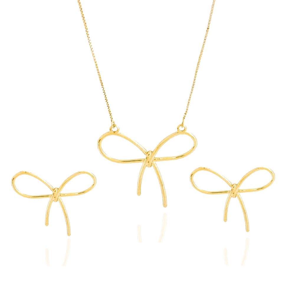 Conjunto Colar e Brinco Laço Vazado Banhado a Ouro