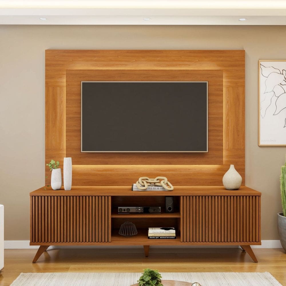 Rack com Painel para Tv 58 Polegadas com Led 100% Mdf 180cm Pés em Madeira Maciça Gaia Grécia Naturalle