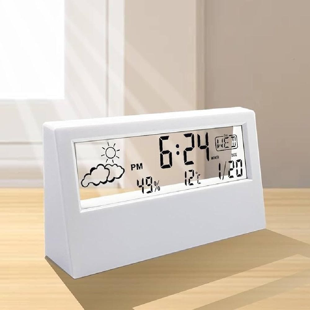 Relógio De Mesa Despertador Digital Multifunção Tela Transparente Lcd Iluminada Sensor Clima Temperatura Umidade Branco