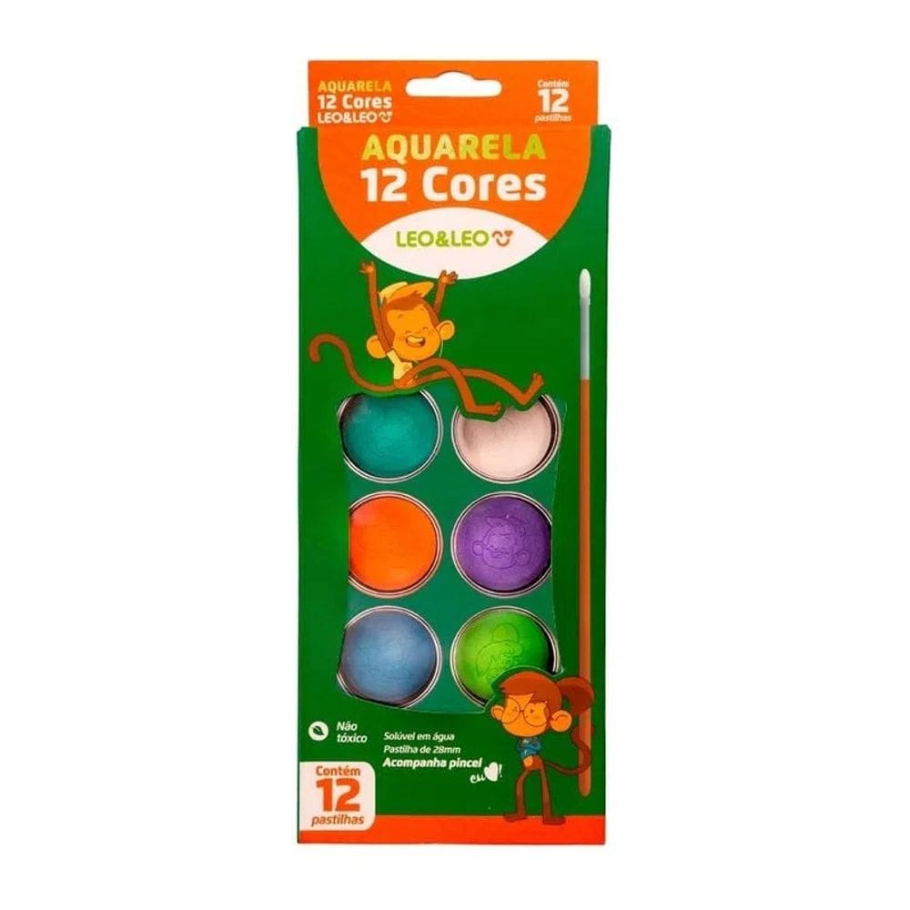 Aquarela Escolar Estojo c/ 12 Cores + 1 Pincel - Leo e Leo