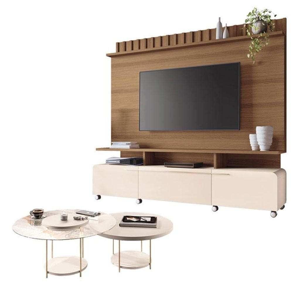 Estante Home Theater Artís Off White Castanho E Kit Mesa De Centro Sky Off White - Hb Móveis
