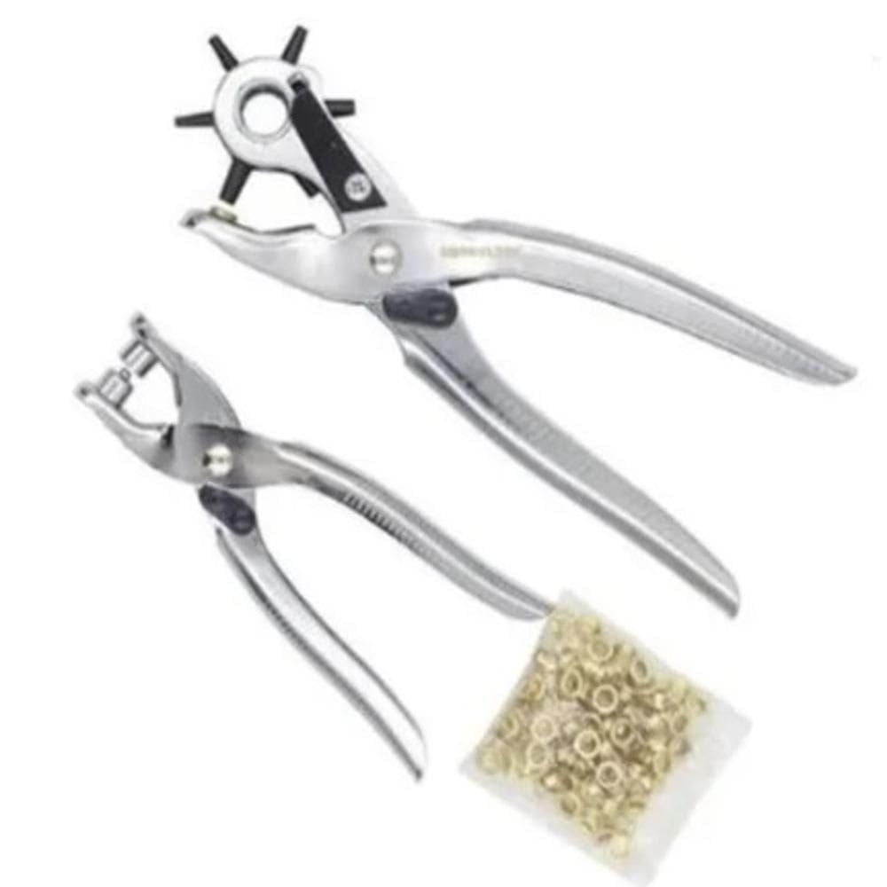 Kit Alicate Furador Vazador Ilhoses 2 Em 1 Furador Cinto Couro Ajuste Com 100 Ilhós 6 Medidas Profissional Completo