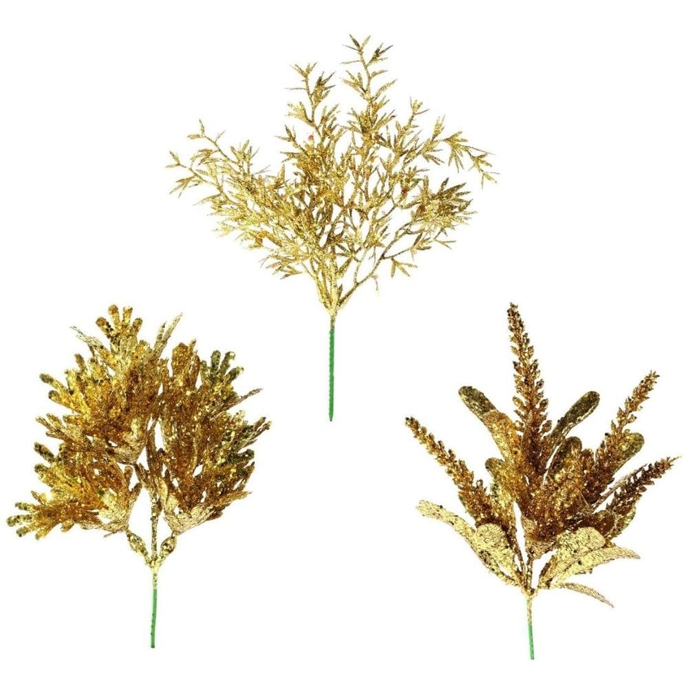 Kit Pick Natal Galho Folhagem Glitter Dourada Full 25cm 3 Unidades - Magizi