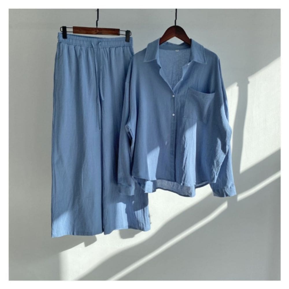 Conjunto feminino de 2 peças de camisa e calça de poliéster azul