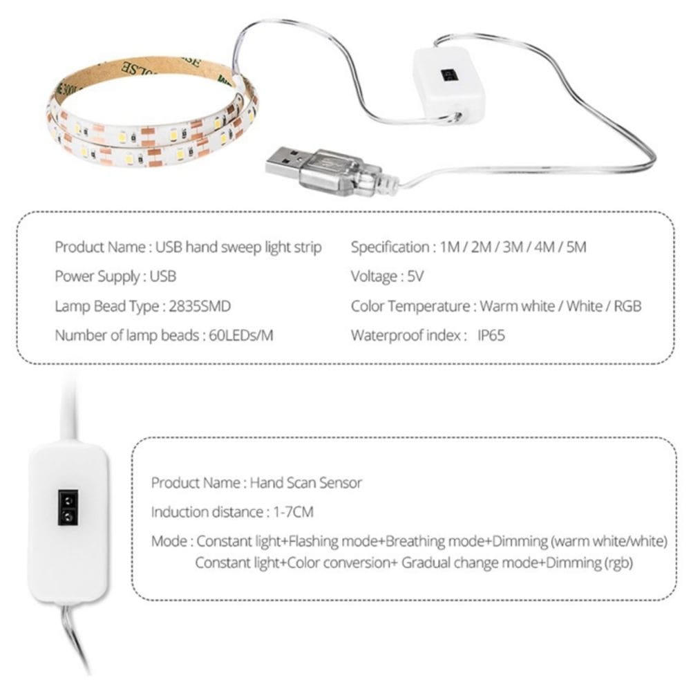 Luz LED Manual Sweep 60 LED 1m/2m/3m/4m/5m com interruptor de sensor