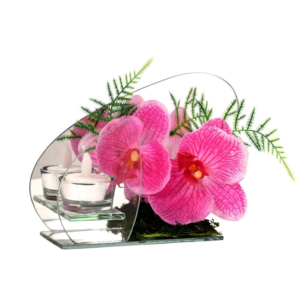 Vaso de ornamento LED Orchid Fuchsia Glass 14,5 cm com base de espelho