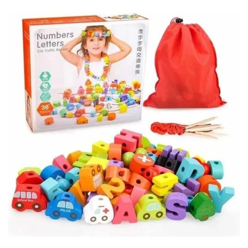 Conjunto de miçangas de madeira City Letters Educational com 75 miçangas