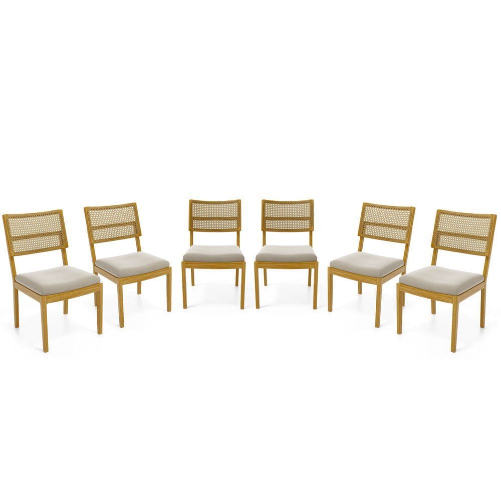 Kit Com 6 Cadeiras Milena Madeira Maciça Assentos Estofados Encostos De Tela Palha Sextavada