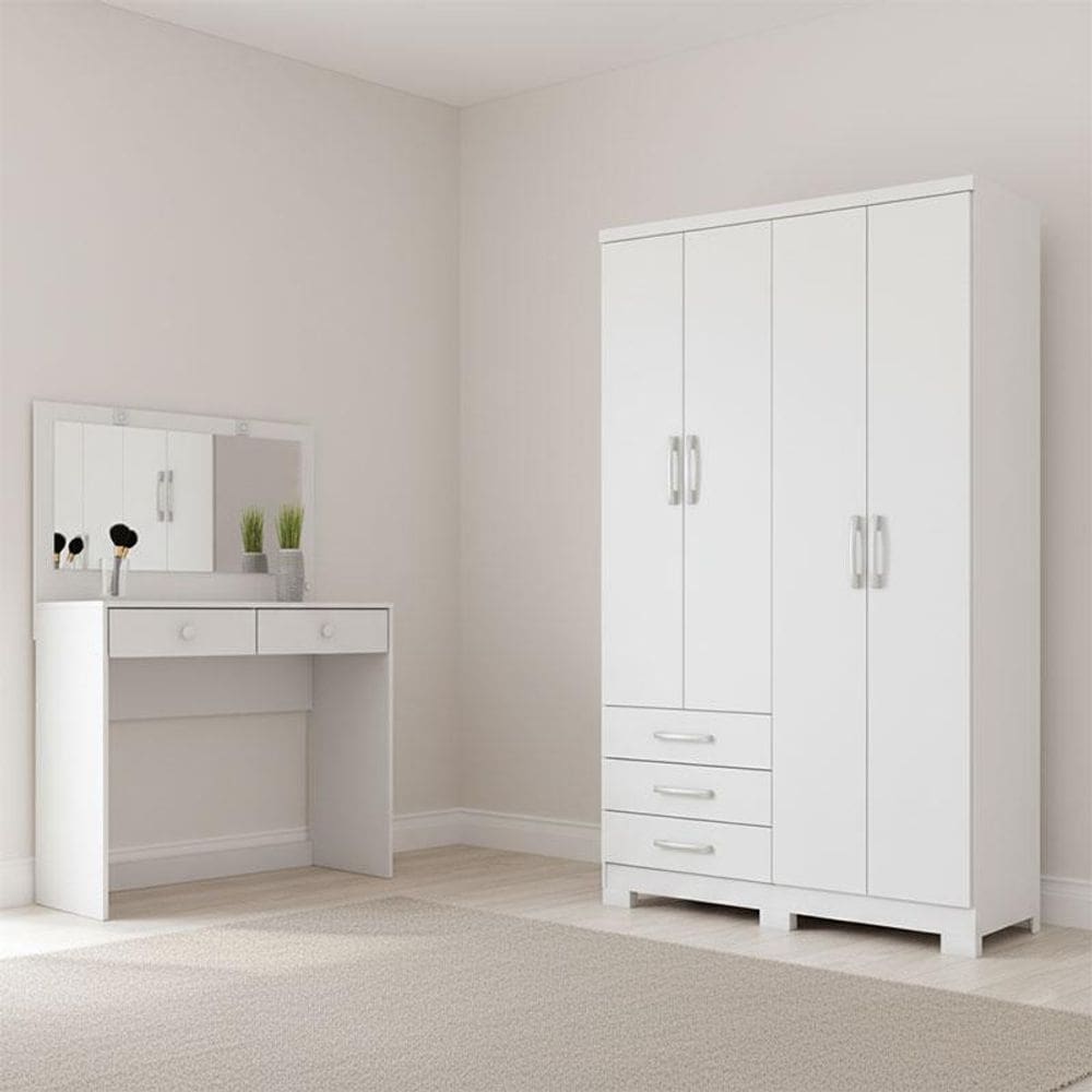 Guarda Roupa Solteiro Caju 4 Portas e Penteadeira Daila Ambiente com Led Branco - Henn