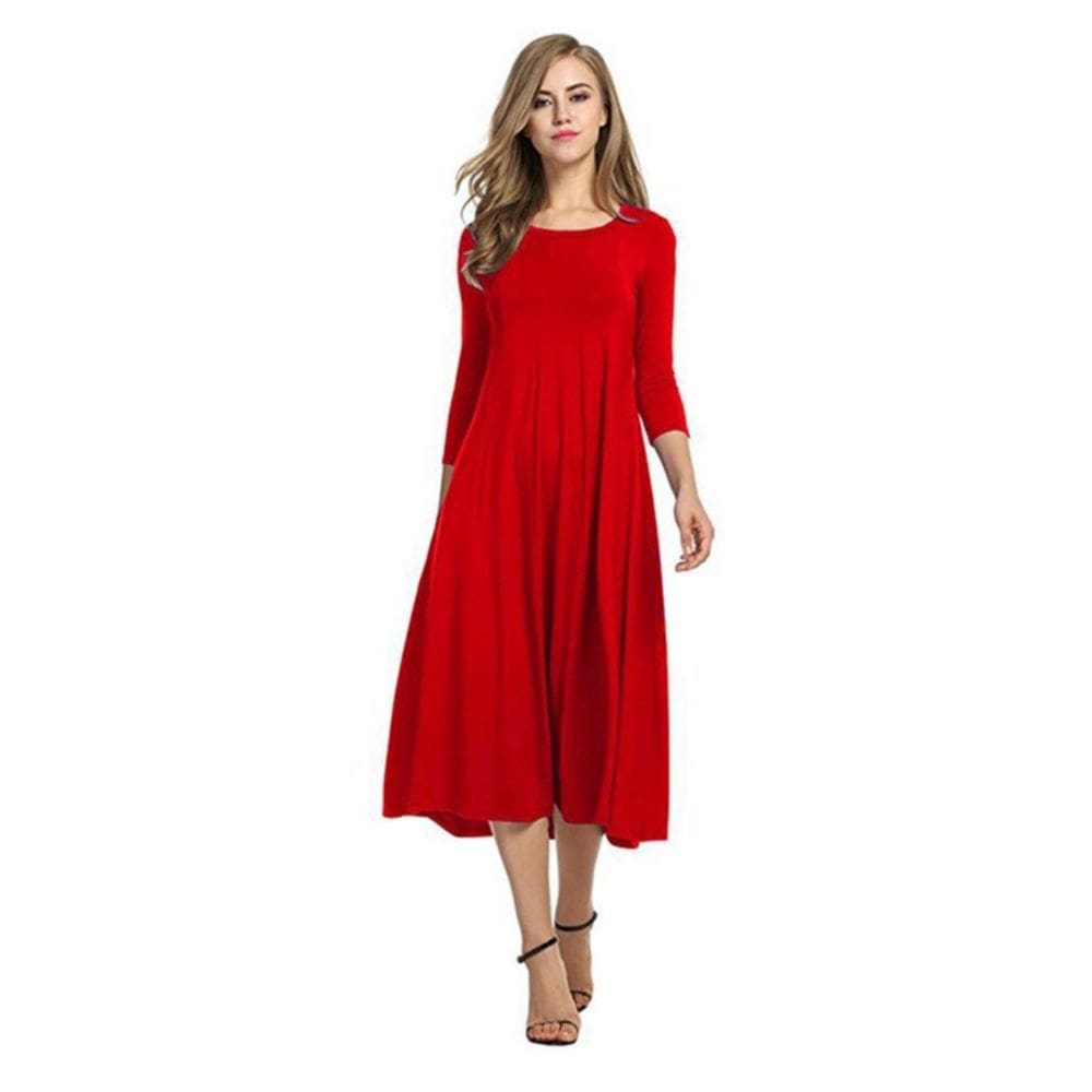 Vestido de cor sólida, gola redonda, mangas meio vermelhas, poliéster