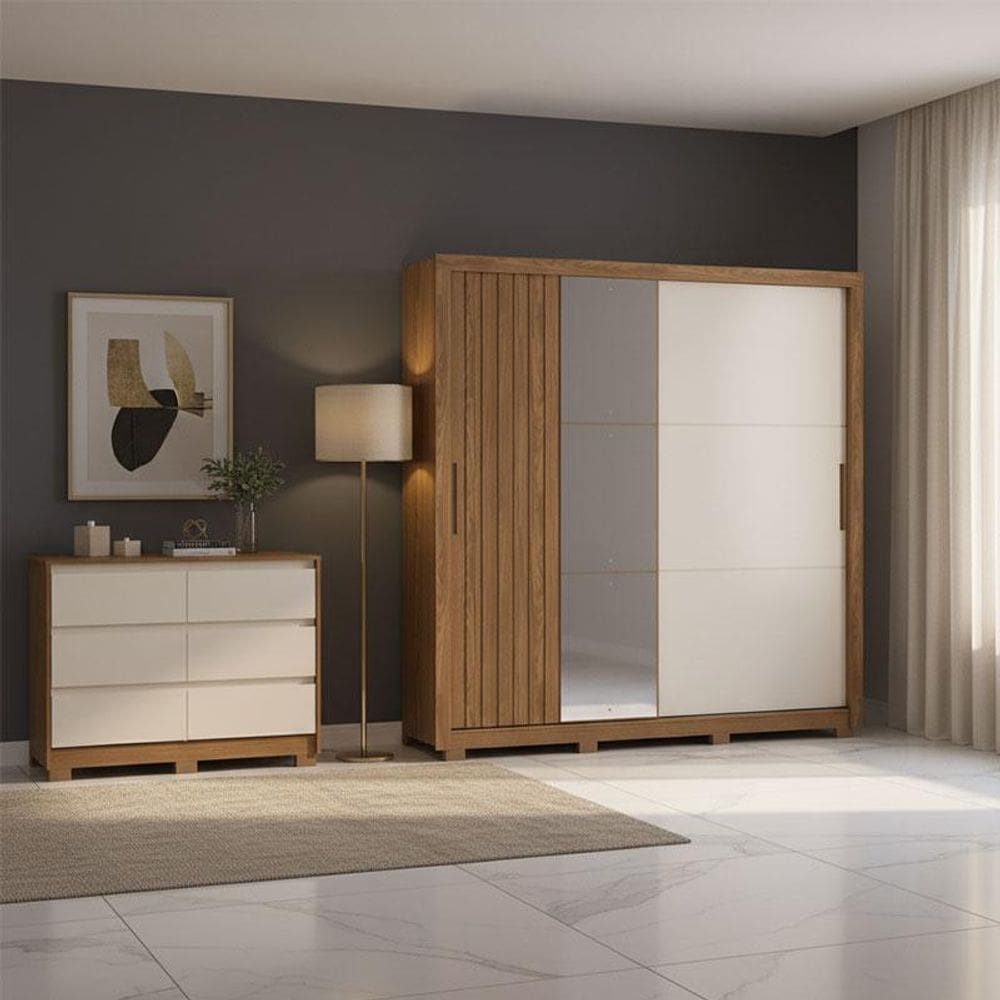 Guarda Roupa Casal Vasti e Cômoda Ravenna Ambiente Nature Off White - Henn