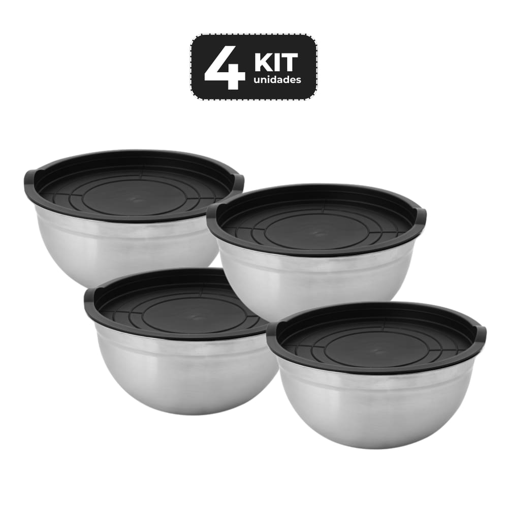 Kit 4 Tigela Bowl 23,6 Cm Ø Em Inox 3,5 L Com Tampa