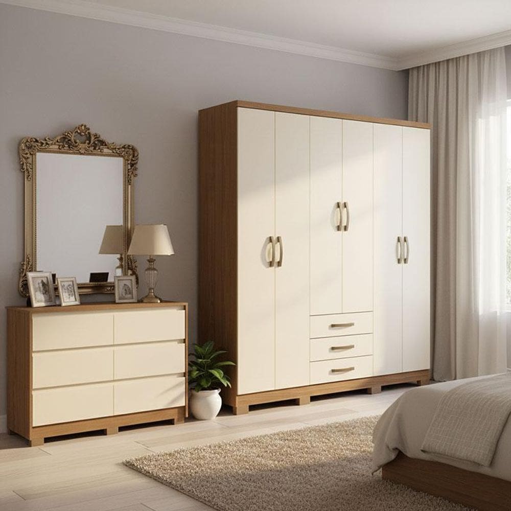Guarda Roupa Casal Caju 6 Portas Ambiente e Cômoda Ravenna Nature Off White - Henn