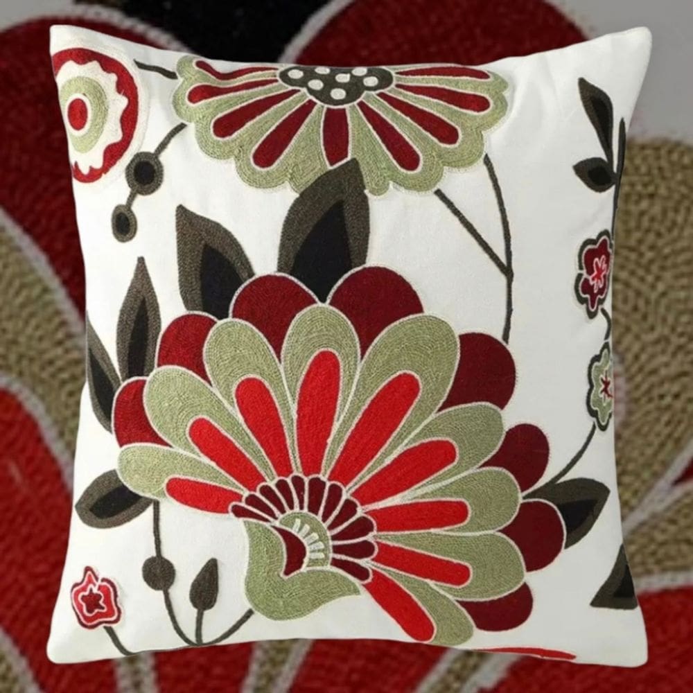Almofada bordada de flor vermelha 45 cm x 45 cm com almofada de poliéster