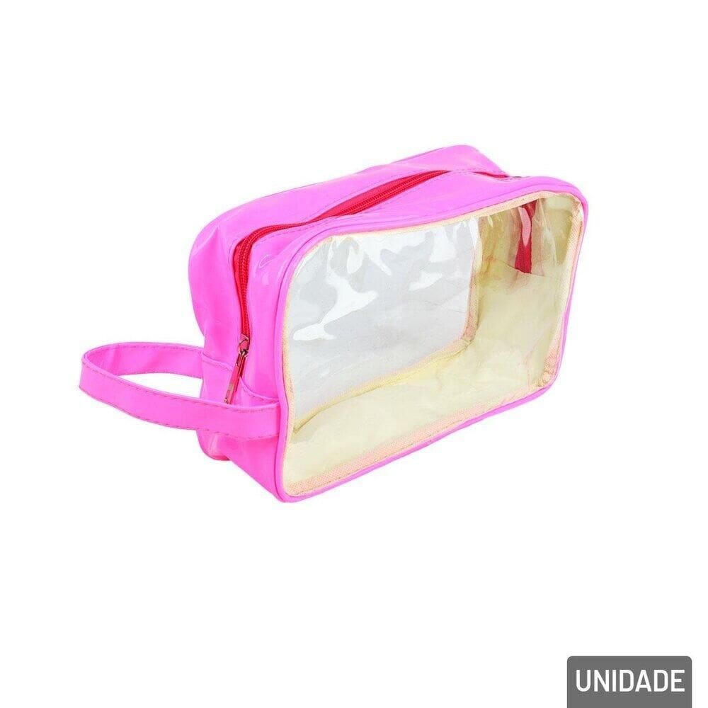 Necessaire de PVC e PU 25cm Transparente Rosa - Tudo em Caixa