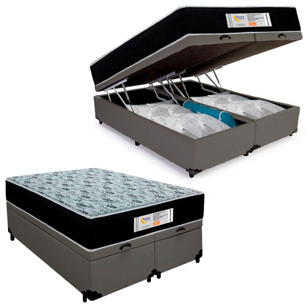 Cama Box Baú Casal Bipartido Sintético + Colchão Molas Ensacadas SerenePrime Sonnolux 138x188x69