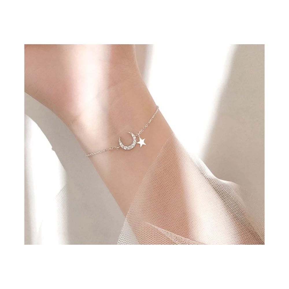 Pulseira em prata 925 com design de estrelas e lua de 14-18 cm de comprimento