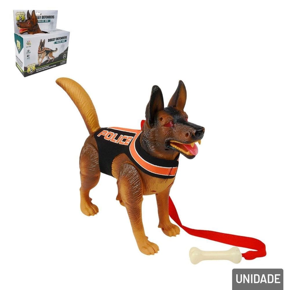 Cachorro Policial à Pilha com Movimento LUZ e Som - Tudo em Caixa