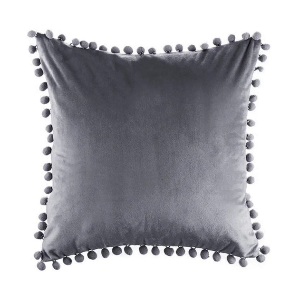 Capa de almofada de veludo com fecho de pompon cinza 42x42cm