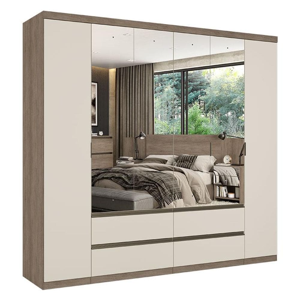 Guarda Roupa Casal Nobre 6 Portas Full Glass Rustic Off White Acetinado - THB