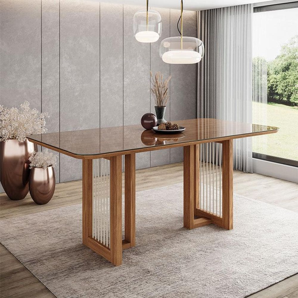 Mesa de Jantar Yara Ambiente 160 cm Canto Arredondado com Vidro Nature - Henn